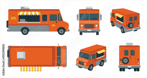 Versatile Orange Food Truck Set: Multiple Angles for Graphic Design and Business Needs