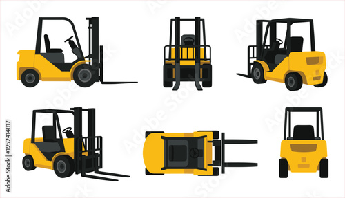 Set of Yellow Forklift Trucks Viewed From Multiple Angles, Including Front, Side, and Top