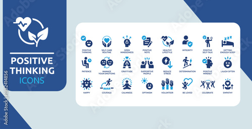 Positive Thinking Icons Set, Mental Health and Self Care Vector Collection with Mindfulness, Motivation, Gratitude and Wellness Symbols
