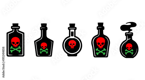 Five glass bottles with cork stoppers containing skulls and starry liquid