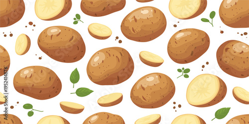 Seamless Potato Pattern with Whole and Sliced Potatoes, Leaves and Soil Elements Vector Illustration for Farm Food Packaging, Kitchen Design and Organic Agriculture Background