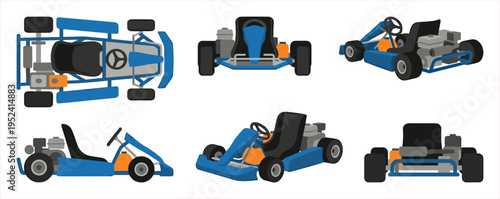 Multiple Views of a Blue Go-Kart: Top, Front, Side, and Angled Perspectives