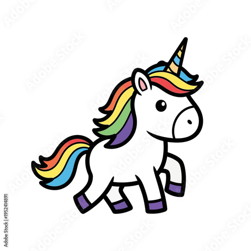 Cute cartoon unicorn with rainbow mane and tail, walking happily, white background
