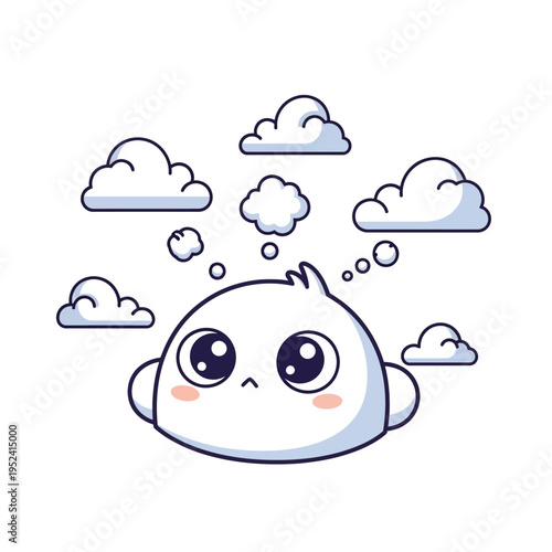 Cute character thinking with clouds, dreaming, imagination, isolated on white