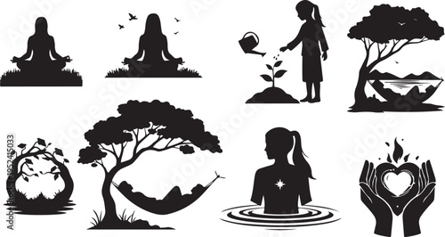 Black silhouettes of people and nature in harmony together