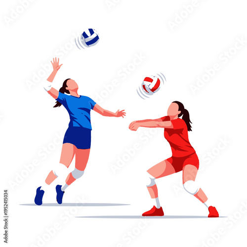 Volleyball Players Competing, Action Shot with Balls in Air