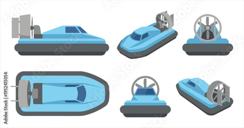Collection of Blue Hovercrafts from Multiple Angles: Side, Top, Front, and Angled Views