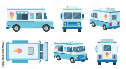 Light Blue and White Dessert Van Illustrated in Multiple Angles, Featuring Ice Cream Cone Graphics