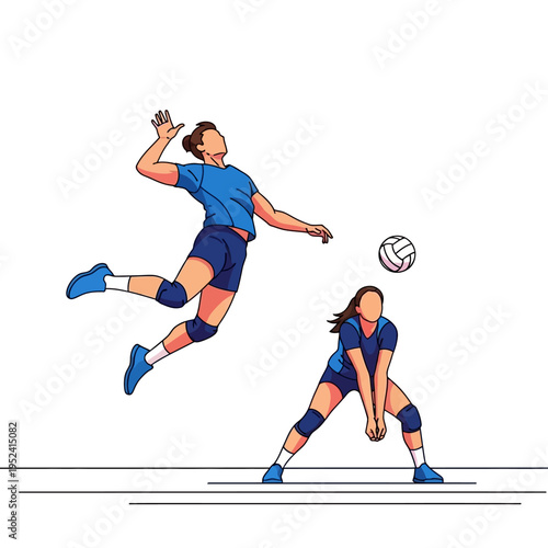 Volleyball players in action: one jumping to spike, the other in defensive stance
