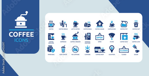 Coffee Icons Set, Cafe and Beverage Vector Collection with Espresso, Cappuccino, Coffee Machine and Coffee Shop Symbols