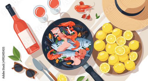 Summer seafood picnic with wine and lemons