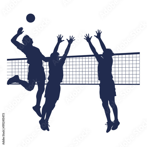 Volleyball players jumping and spiking the ball over the net, action silhouette