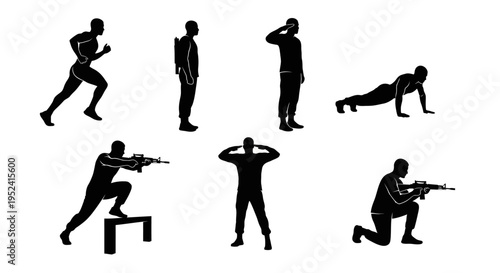 Silhouette of Soldier in Action Poses: Running, Saluting, Push-ups, Shooting