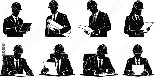 Set of silhouettes featuring architects, engineers, and construction managers in suits and hard hats, reviewing blueprints, using tablets, and signing documents.