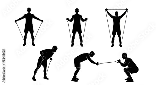 Man silhouette exercising with resistance band, full body workout, fitness, strength training.