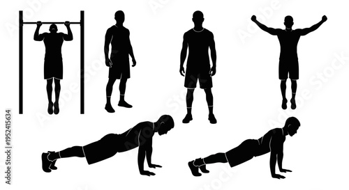 Man Silhouette Workout Set: Pull-up, Push-up, Standing Poses