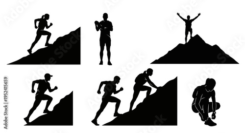 Silhouettes of athletes climbing mountains, running, and celebrating success