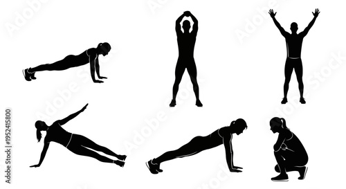 Silhouettes of people exercising: push-ups, plank, jumping jacks, squat