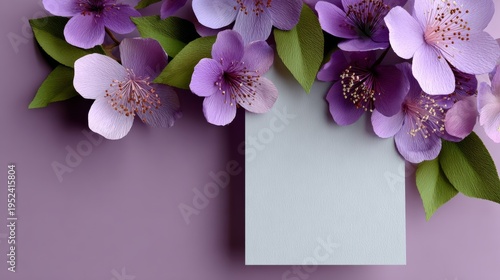 Purple blossoms frame a blank card. Green leaves add freshness to the scene. Soft focus enhances dreamy springtime vibes. Ideal for greeting cards or seasonal promotions