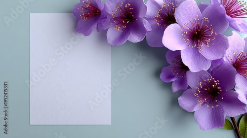 Purple cherry blossoms rest beside a blank card. Soft pastel background enhances floral elegance. Ideal for greeting cards, invitations, or spring-themed designs