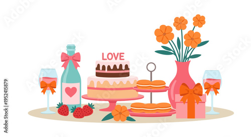 Romantic Valentine s Day Setup with Cake and Wine