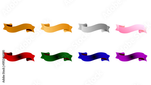 8色展開のリボンのセット(金 / 銀 / 銅 / ピンク / 赤 / 緑 / 青 / 紫 / フレーム / グラデーション / クラシック / ベクター / マーケティング ）：01_リボン8種