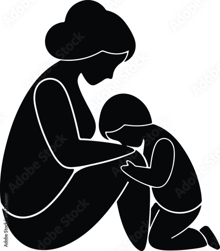 Silhouette mother holding child in comforting embrace vector design