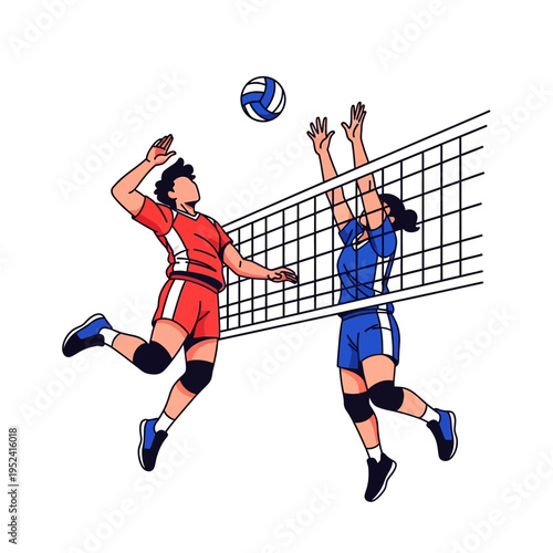 Volleyball Players Jumping Over Net, Action Shot, Sports Illustration