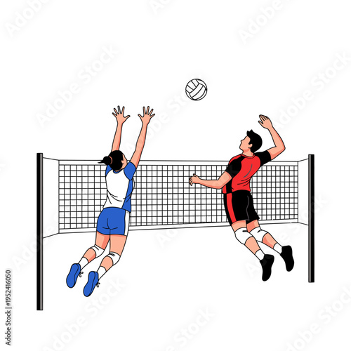Volleyball Players Jumping Over Net, Action Shot, Sports Illustration