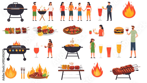 Barbecue, Grilling, and Cookout Icon Set: A comprehensive, colorful collection of flat vector symbols representing various grilling tools, food items, fire, and beverages
