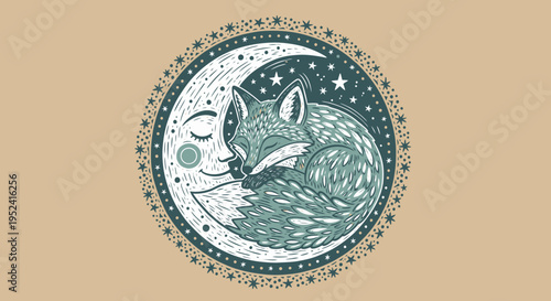 Vector illustration of sleeping fox on moon, mystical design element isolated on White Background