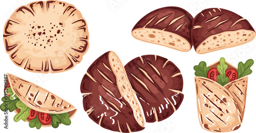 Artisan Mediterranean Flatbread Vector Set with Pita, Grilled Tortilla Wraps, Sliced Rye Bread, and Healthy Vegetable Sandwich for Cafe Menu Designs