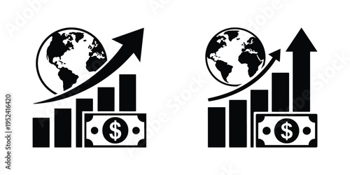 Global financial growth icons with bar graphs, upward arrows, and dollar bills representing international economic expansion and investment opportunities.