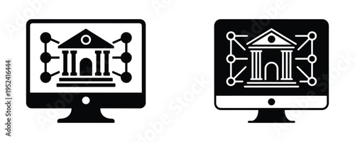 Online banking icon illustrating digital financial services and secure transactions on a computer screen, featuring a courthouse emblem.
