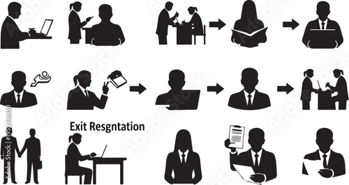 Business resignation process illustrated with black silhouettes and arrows