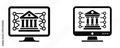 Digital banking icon representing online financial services and secure transactions via a computer interface with a courthouse symbol.