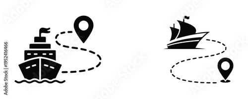 Ship navigation icon showing a cruise liner route with dotted lines connecting destination pins on a map for travel and tourism.
