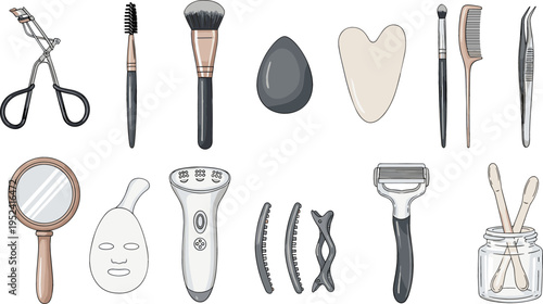 Beauty and Skincare Tool Icon Set featuring Makeup Brushes, Mirror, Face Mask, Razor, Gua Sha, Eyelash Curler, and Grooming Accessories for Cosmetic Design