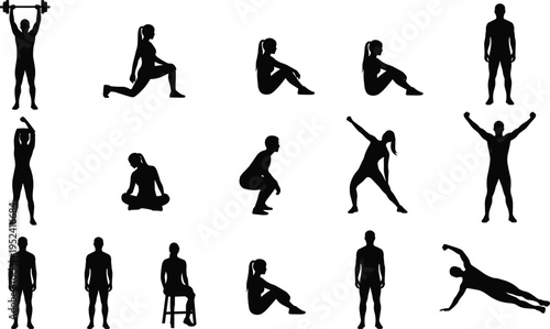 Silhouette of men and women doing gym exercises, weightlifting, stretching, and yoga poses for fitness, wellness, and healthy lifestyle icons.