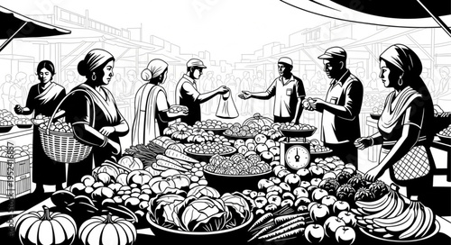 Vibrant Market Scene - A Bustling Hub of Fresh Produce and People.