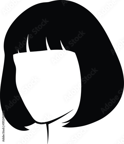 Black and white silhouette of medium‑length bob haircut with straight hair and blunt bangs, emphasizing fashion, beauty, and hairstyle design.