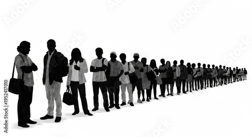 Silhouette of people standing in a long queue waiting in line.