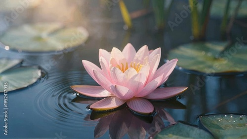 Pink water lily floating on calm pond water