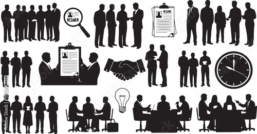 Business People Silhouettes in Various Meeting and Work Settings