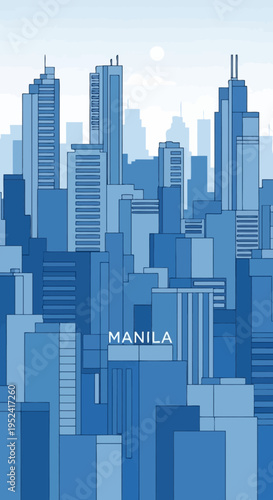 Vector cityscape illustration of Manila skyline, blue buildings isolated on White Background