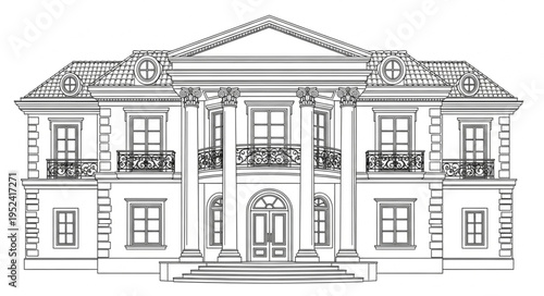 Detailed architectural drawing of a grand neoclassical mansion facade.