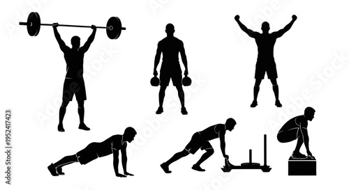 Fitness Silhouette Set: Weightlifting, Dumbbells, Sled Push, Box Jump, Plank