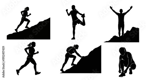 Silhouette sports and outdoor activities set: running, climbing, stretching, celebration