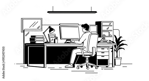 Person Working at Desk in Office Cubicle Illustration.