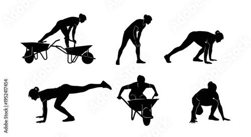 Woman Silhouette Set: Wheelbarrow Work, Exercise Poses, Construction Labor